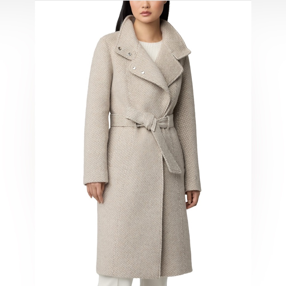 Soia & Kyo Beige Textured Wool Blend Belted Coat